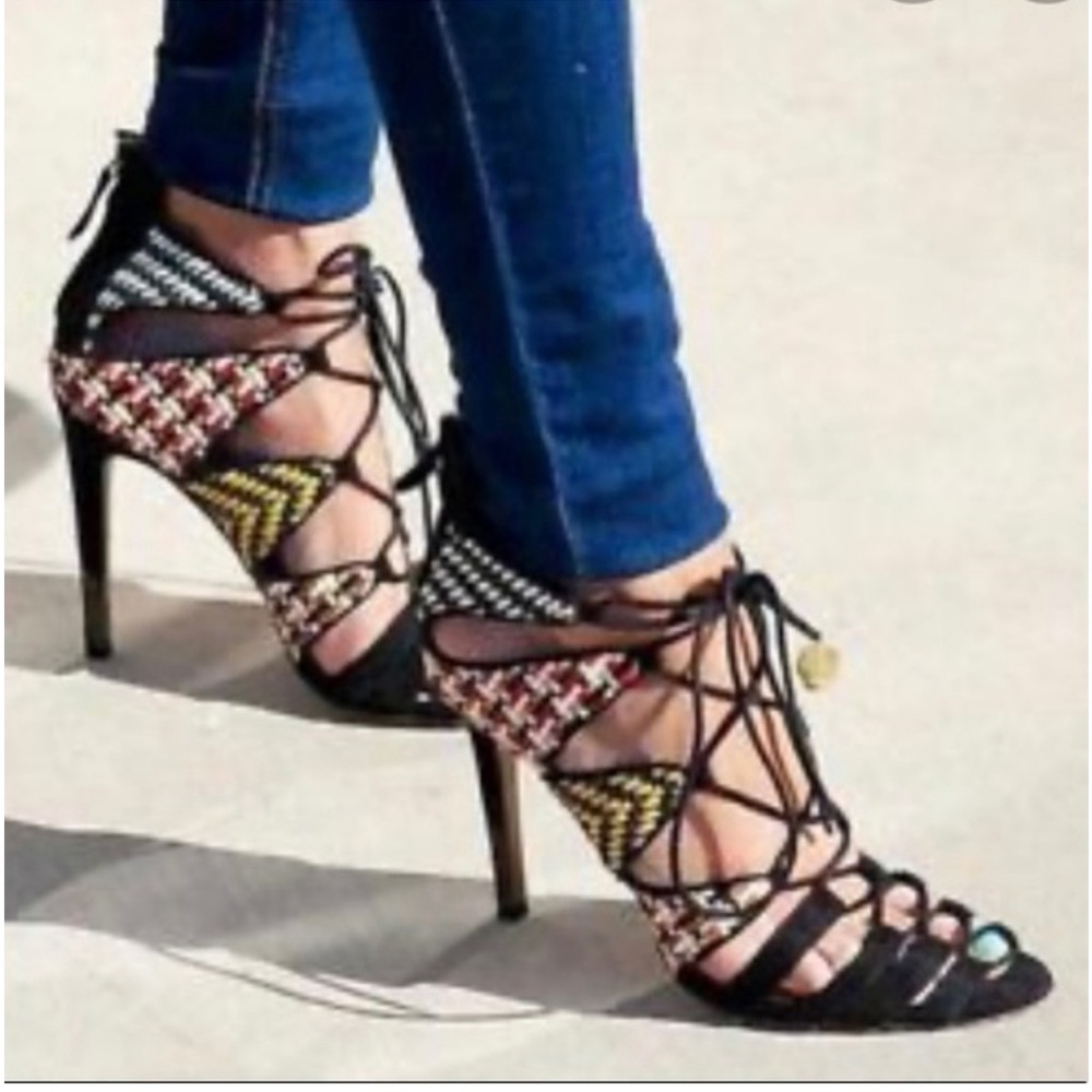 ZARA Women Lace Up Heels Black Aztec Woven Stilettos Sandals Size 36 /5.5